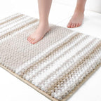 PiccoCasa Chenille Bathroom Rug, Soft Fluffy Absorbent Bath Mat, Medium Pile Striped Carpet Washable Non Slip Bathroom Floor Mats(20"x32",Khaki & White)
