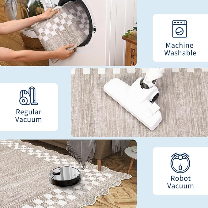 GarveeHome Scalloped Washable Rug 9x12 Area Rug for Living Room Modern Border Large Bedroom Throw Carpet with Rubber Backing Stain Resistant Boho Rug for Dining Room Home Decor Office, Fog