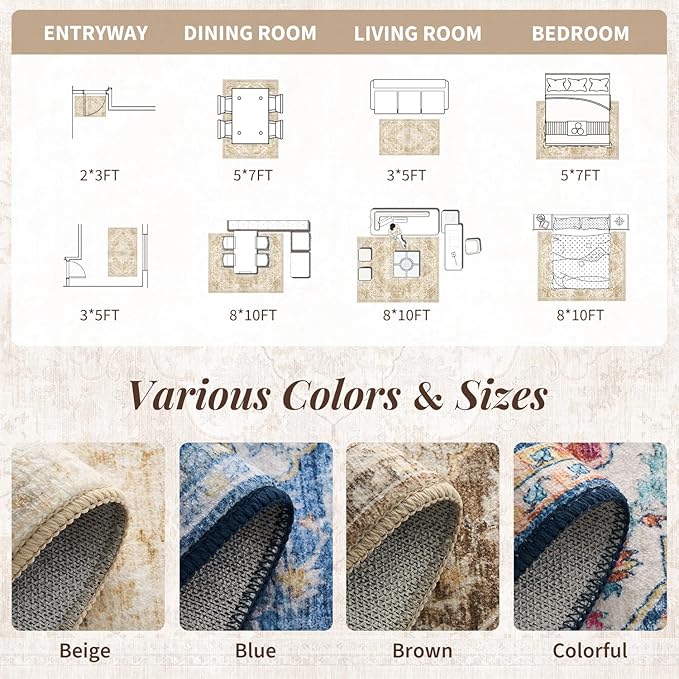 tchdio 5x7 Area Rugs for Living Room, Vintage Non Slip Washable Rug, Soft Low Pile Neutral Area Rug Large Floor Indoor Carpet for Bedroom, Dining Room, Office (Beige, 5'x7')