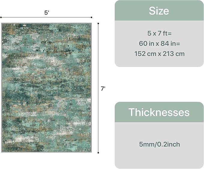 GENIMO Abstract Area Rug 5x7, Washable Modern Rug Non Slip, Low Pile Lightweight Soft Large Carpet for Living Room, Bedroom, Dining Room, Turquoise