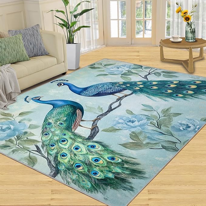 Peacock Rugs for Living Room - 5x7 Rug, Classic Peacock Floral Area Rugs for Bedroom, Teal Turquoise Rug, Modern Style Washable Carpet, Aesthetics Carpet - Peafowl Home Decor & Gifts