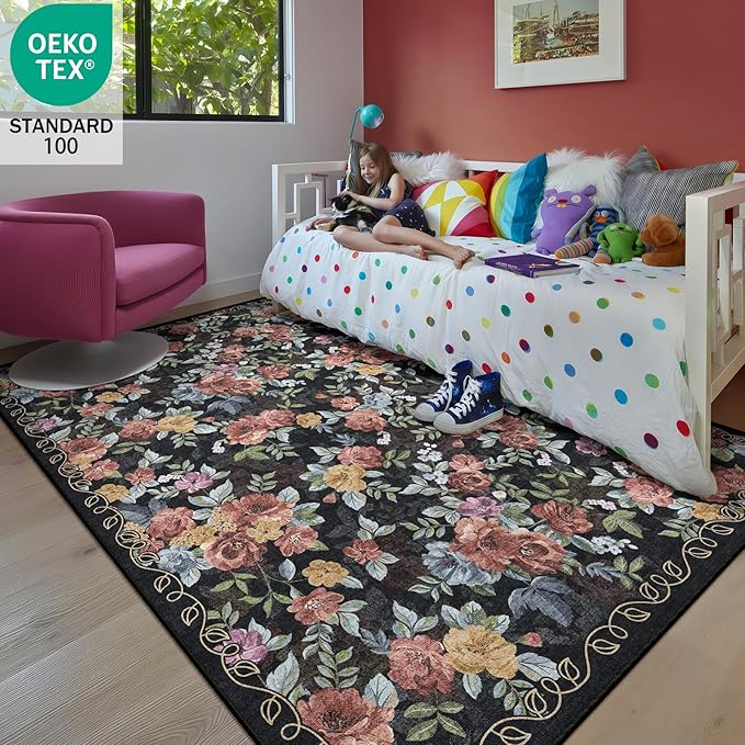 5x8 Machine Washable Area Rug for Living Room, Black Vintage Boho Floral Rug Large Non-Slip Low Pile Soft Faux Wool Carpet, Kids and Pets Friendly for Bedroom Dining Room Farmhouse Home Decor Rug
