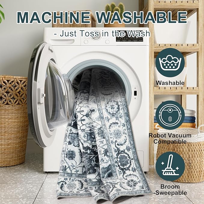 WILLSUN Washable Area Rugs, 4x6 Non-Slip Boho Large Area Rugs for Living Room, Bedroom, Machine Washable Vintage Rug, Indoor Floral Print Carpet for Home Decor, Kid & Pet Friendly Mat