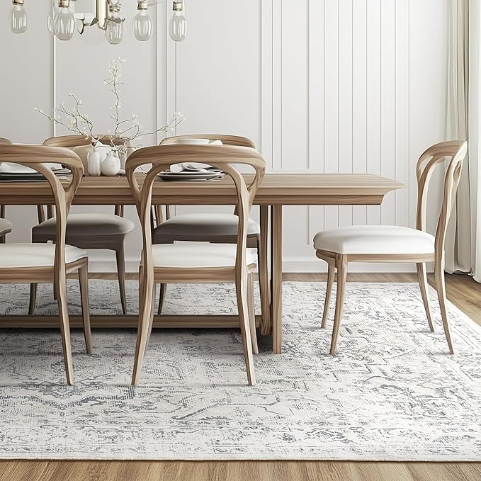 Large Farmhouse Area Rugs 9x12 for Living Room, Distressed Medallion Printed Big Carpet Rugs for Bedroom Under Bed, Washable Non Slip Low Pile Thin Rugs for Dining Room, Off White/Grey