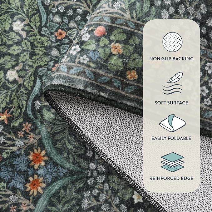 Lahome Floral Washable Round Rugs, Non-Slip Soft Round Rug 4ft Ultra-Thin, Small Stain Resistant Boho Circle Carpet for Entryway Kitchen Bedroom Nursery Bathroom, Dark Green