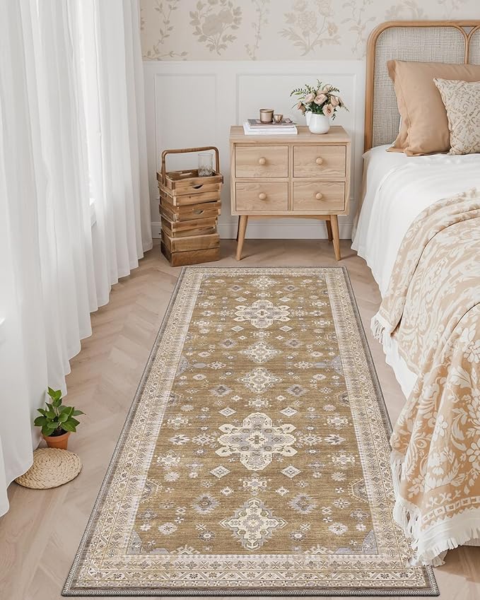 DEXI Hallway Runner Rug 3x7, Distressed Non Slip Runners Carpet, Boho Vintage Soft Thin Indoor Rug, Stain Resistant Washable Entry Mat for Entryway Kitchen Laundry Room Living Room, Light Brown