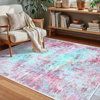 Modern Abstract 3x5 Girls Room Rug, Machine Washable Blush Pink Sky Blue Entryway Rug, Thin Kitchen Mat Non-Slip, Print Faux Wool Soft Floor Carpet for Girl Women's Bedroom Bedside