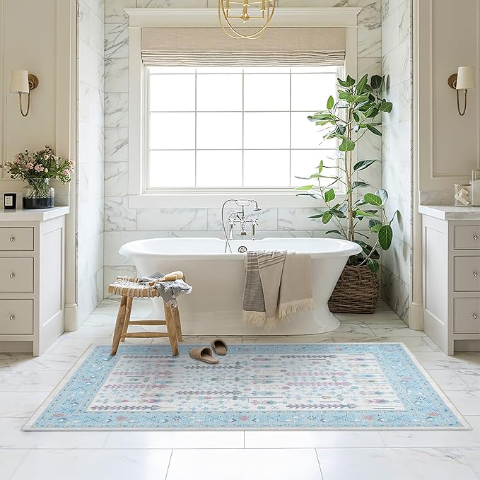 Fame Living Cream Blue Oushak Rug, Modern, Vintage, Turkish, Eclectic, Floral, Pastel, Washable, Extra Large Area Rugs for Living Room, Dining, Bedroom, Lounge, 9'x12'