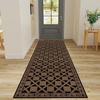 Minimalist Checkered Runner Rug, 2.6x7ft, Brown Checkerboard Floor Mat, Floral Print Hallway Kitchen Runners Rugs, Washable Breathable Reduce Noise Room Decor Carpet for Bedroom Foyer