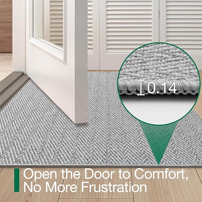 LUMI Ultra Thin Indoor Door Mat for Entrance 24"x36", Non Slip Entryway Mat, Low Profile Doormat, Unique Herringbone Design Carpet for Inside, Patio, Porch, Gray