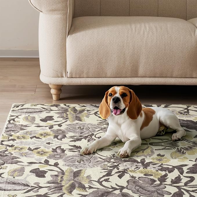 EVERGRACE Hallyway Area Runner Rugs 2x10, Boho Floral Faux Wool Indoor Outdoor Rugs, Washable Rugs for Bedroom Dining Room Living Room Kitchen, Low Pile Floor Mat Carpet for Home Decor, Gray