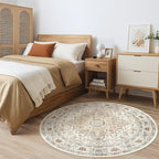Round Rug Living Room Rugs: 10x10 Washable Boho Neutral Large Circle Soft Indoor Floral Stain Resistant Floor Farmhouse Carpet for Bedroom Nursery Kids Playroom Office Dining Room- Cream Blue