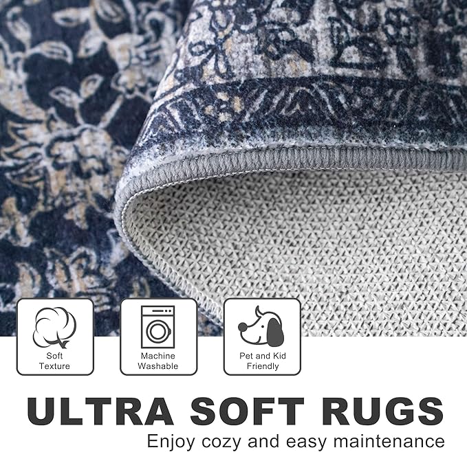 KILOCOCO Area Rug 6x9 Living Room Rug Washable Printed Vintage Floral Non Slip Soft Rubber Backed Indoor Bedroom Rugs for Laundry Room Kitchen Playroom Moroccan Area Rugs, Navy/Charcoal