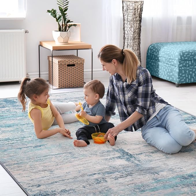 Abstract 4x6 Area Rug Washable Soft Non-Slip Carpet for Entryway Living Room Dining Room Bedroom - Abstract Teal/Grey