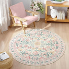 Wonnitar Pink Floral Round Rugs 5ft, Soft Circle Rug Non Slip Washable Round Carpet, Boho Non-Shedding Flower Distressed Circle Carpets for Bedroom Girls Room Nursery