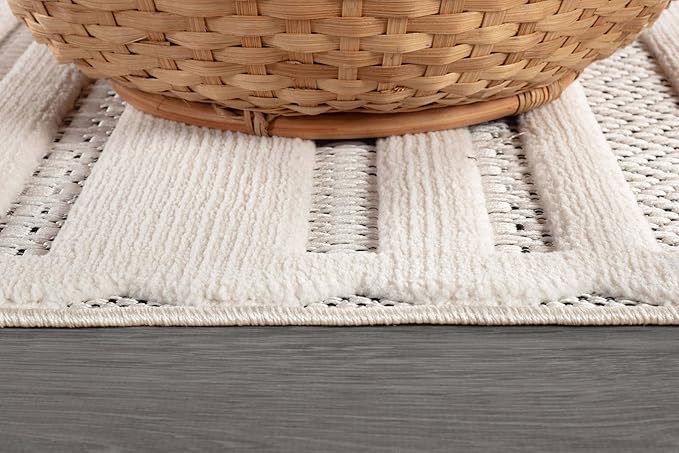 CAMILSON Modern Rug 6x9 Luxury Striped Line Micro Loop Area Rugs Soft High-Low Pile Stain Resistant Easy to Clean Non-Shedding Durable Living Room Bedroom Indoor Carpet (White)