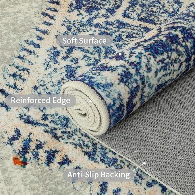 Easy-Going Large 8x10 Washable Boho Area Rug for Living Room Non-Slip Bedroom Rug Low Pile Lightweight Medallion Distressed Throw Carpet for Dining Room Kitchen Home Office, Vintage Blue Cream