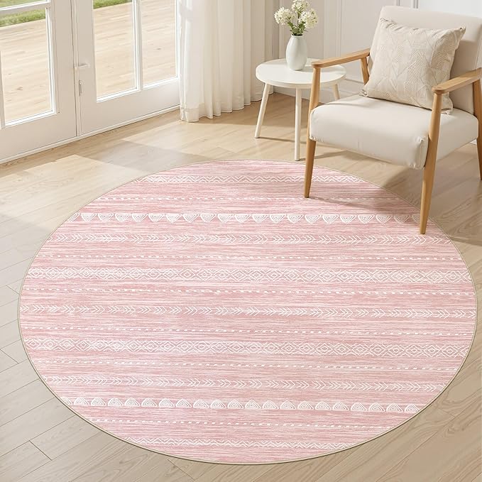 Nakagishi Round Rug Kitchen Washable Rugs: 5x5 Non-Slip Boho Soft Modern Stain Resistant Indoor Floor Neutral Farmhouse Throw Carpet for Hallway Bathroom Laundry Room Entryway Bedroom- Pink