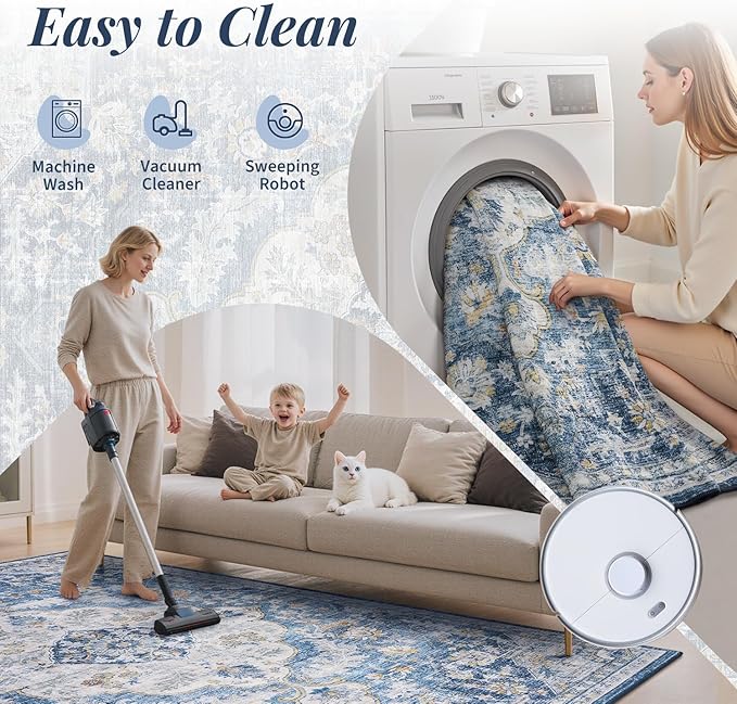 tchdio 5x7 Area Rugs for Living Room, Vintage Non Slip Washable Rug, Soft Low Pile Area Rug Large Floor Indoor Carpet for Bedroom, Dining Room, Office (Blue, 5'x7')