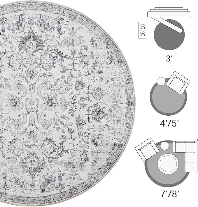 jinchan Kalen Round Rug 6ft Area Rug Washable Vintage Indoor Retro Floor Cover Distressed Gray Floral 6' Round Circle Boho Non Slip Thin Carpet for Living Room Dining Room Bedroom Kitchen Grey
