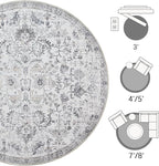 jinchan Kalen Round Rug 4ft Area Rug Washable Vintage Indoor Retro Entryway Floor Cover Distressed Gray Floral 4' Round Circle Boho Non Slip Thin Carpet for Bedroom Living Room Dining Room Grey