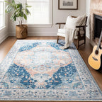 4x6 Washable Rug – Boho Non-Slip Indoor Area Rug for Living Room, Bedroom, Dining Room, Entryway –Navy and Orange Classic Medallion