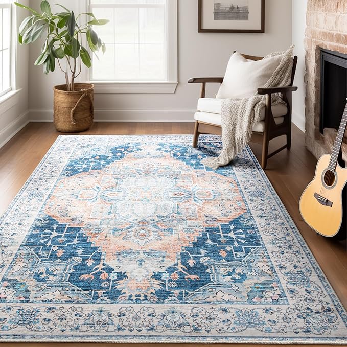 Area Rug for Living Room, 8x10 Machine Washable Non Slip Large Faux Wool Throw Rug, 0.3″ Low Pile & Non-Shedding Boho Large Carpet Rugs for for Dining Room, Bedroom, Office (Blue)