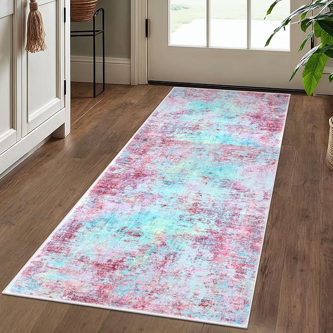 Modern Abstract Runner Rug 2x5, Machine Washable Blush Pink Sky for Girls Bedroom Ofiice Runner Non-Slip, Soft Hallway Rug Runner Thin Print Faux Wool Carpet for Entryway, Kitchen