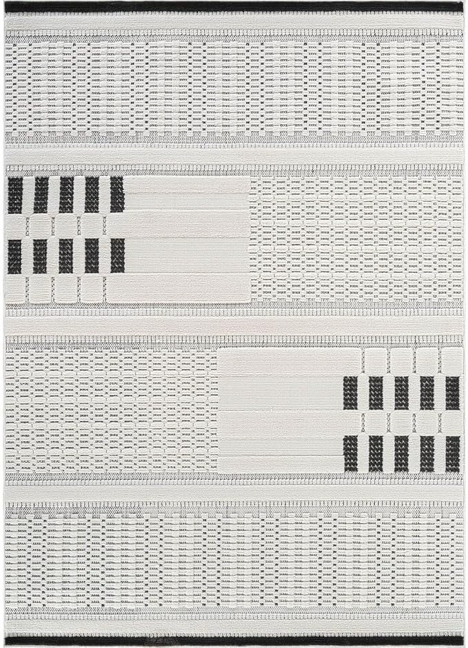 CAMILSON Modern Rug 5x7 Luxury Geometric Pattern Micro Loop Area Rugs Soft High and Low Pile Stain Resistant Easy to Clean Non-Shedding Durable Living Room Kitchen Indoor Carpet (White/Black)