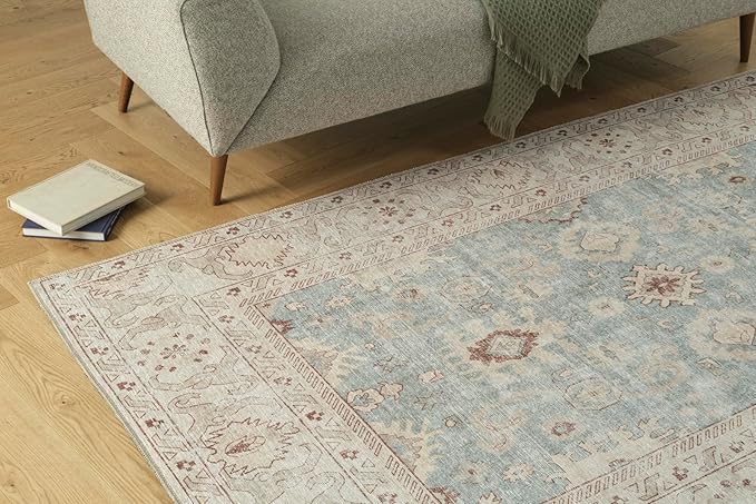 Revival Rugs Nimbus 5'x8' Zero-Shedding Area Rug for Living Room Bedroom - Oeko-TEX Certified, Low Pile, Spot Clean, Aqua, Blue