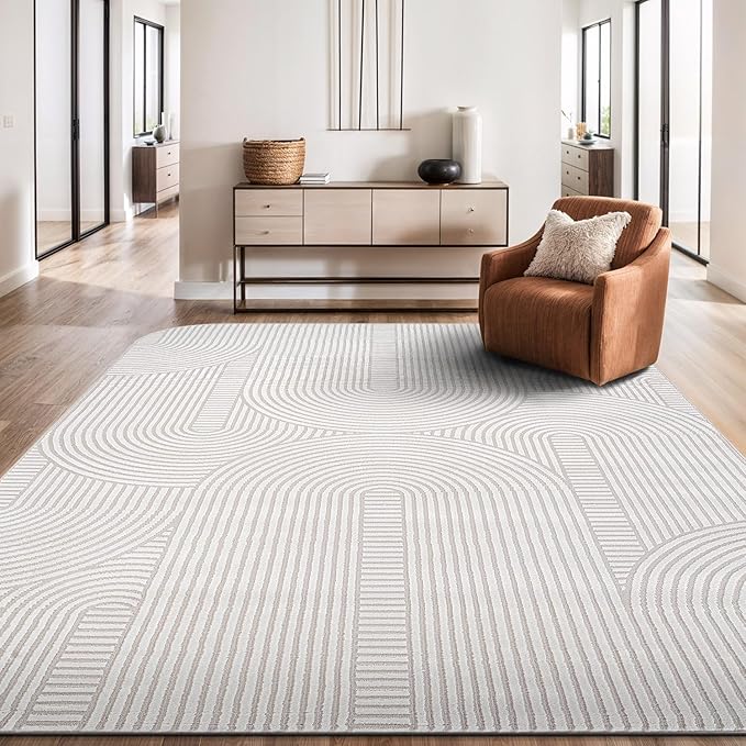 Beverly Rug Modern Geometric Area Rug 4x6 Low-High Pile Durable Soft Abstract Semi-Circles Indoor Rugs for Living Dining Room Office Stain Resistant Non Shedding Indoor Carpet Beige White 4 x 6