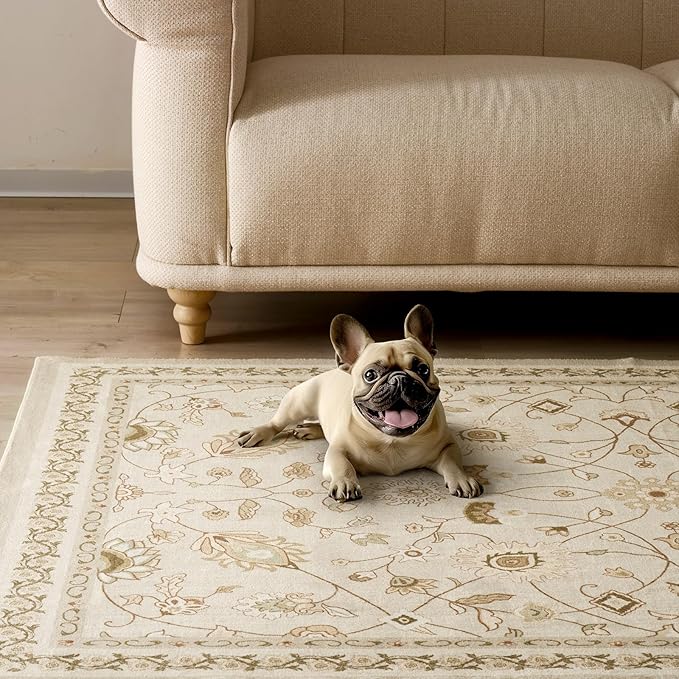 EVERGRACE Area Rugs for Entryway 2x3, Boho Floral Faux Wool Indoor Outdoor Small Rugs, Washable Rugs for Bedroom Bathroom Laundry Doormat, Low Pile Floor Mat Carpet for Home Decor, Natural Beige