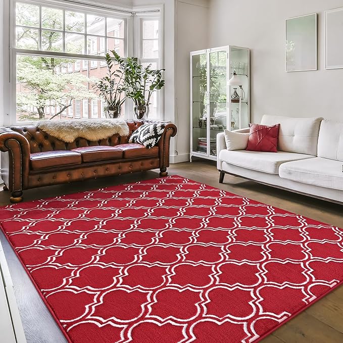 Amearea Fluffy Indoor Area Rug, Soft Trellis Moroccan Rugs for Bedroom, Shag Modern Area Rug for Living Room Kids Room Nursery, Easy Clean, Home Decor Low Pile Carpet, Wine Red 6x9 Feet