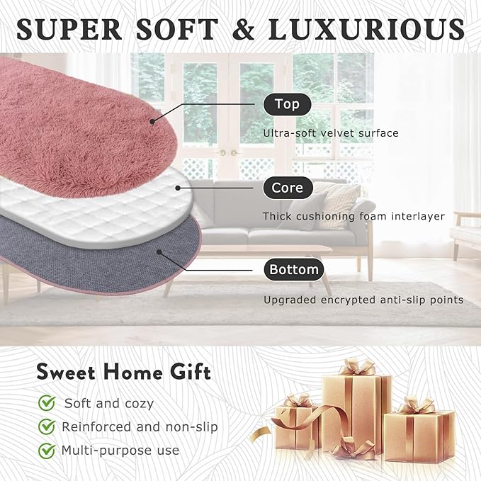 Soft Fluffy Area Rug for Bedroom, Blush Pink Fuzzy Shaggy Oval Throw Rugs for Bedside, Non-Slip Cozy Plush Shag Carpet for Girls Kids Room Nursery Dorm Living Room, 2.6 x 5.3 Feet