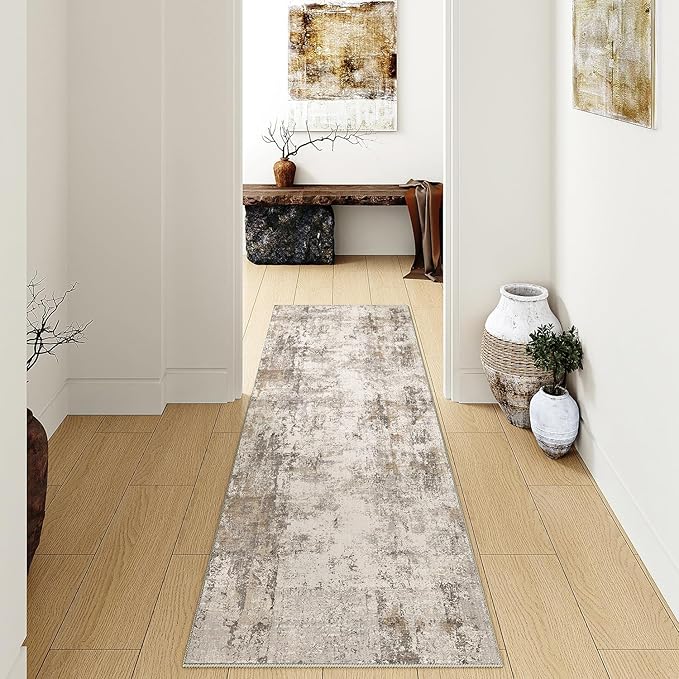 3x12 Washable Runner Rug Brown Grey Abstract Hallway Kitchen Throw Rug Neutral Modern Non Slip Soft Low Pile Carpet for Bathroom Laundry Bedroom Living Room
