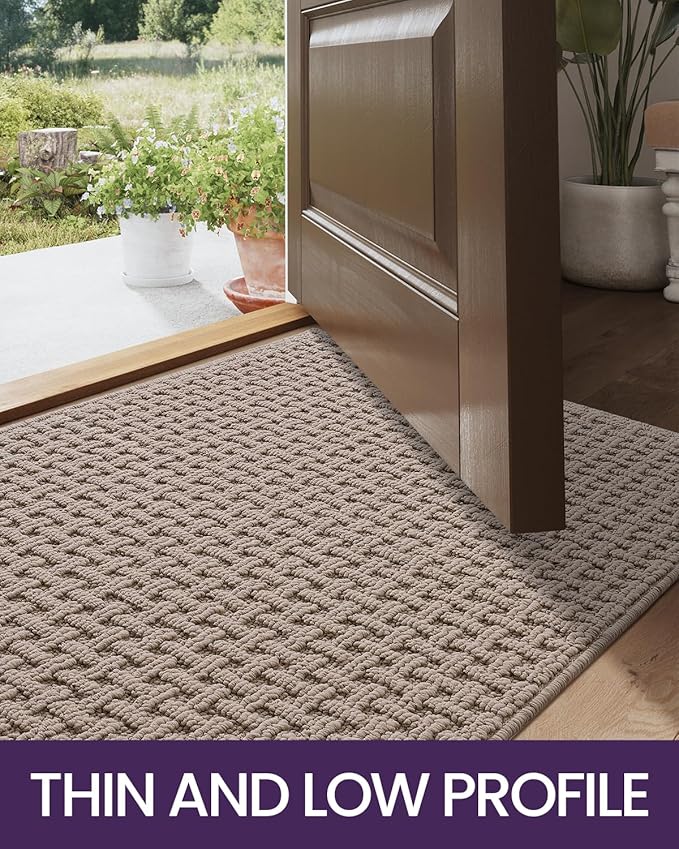 DEXI Front Entryway Door Mat Non Slip 17x30, Washable Entry Way Mats Inside Entrance Low Profile, Welcome Doormat Dirt Trapper for House Floor Home Porter Hall Backdoor Area, Light Taupe