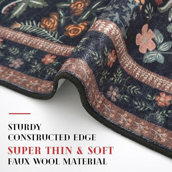 Boho Floral Machine Washable Runner Rug 2x6, Black Navy Kitchen Runner Rug Non-Slip, Super Thin Hallway Rug Runner Printed Faux Wool Soft Carpet for Entryway Bedroom Laundry Room Indoor