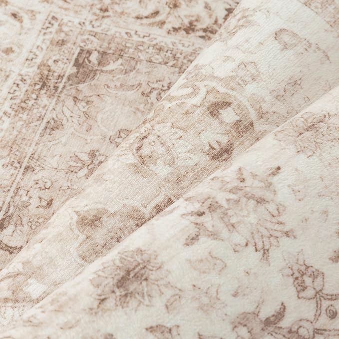8x10 Beige Washable Vintage Area Rug for Living Room Bedroom Soft Tranditional Non Slip Large Throw Rug Lightweight Floral Low Pile Distressed Carpet Office Playroom Home Decor