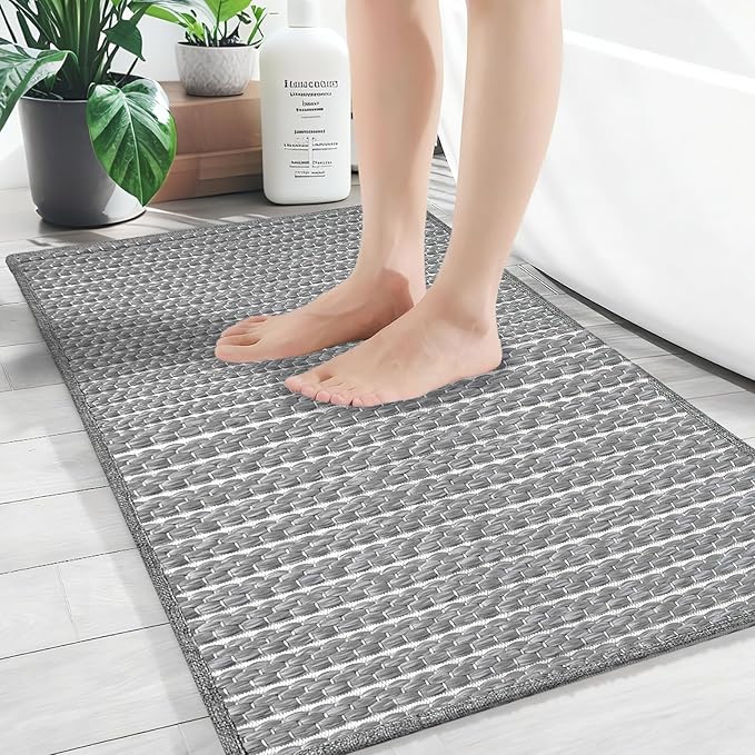 Small Bathroom Rugs,18"x30" Non Slip Grey Braided Bath Mat for Bathroom Floor,Washable Luxury Bath Rug for Tub Soft Boho Absorbent Shower Mat