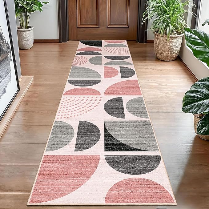 MUJOO Pink Runner Rug Washable,Boho 2x8 Area Rugs for Hallways Kitchen Bedroom Entryway Bathroom,Non Slip Carpet Long Mat Indoor,Soft Modern Abstract Pink and Grey