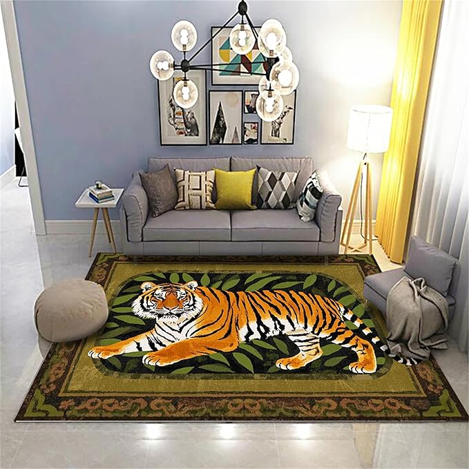 Tiger Area Rug,4x5ft, Tiger Print Rug,Tiger Themed Stylish Rug, Bohemian Vintage Tiger Print Rug, Non-Slip Washable Rug for Living Room Bedroom Dining Room Kids Room Decoration