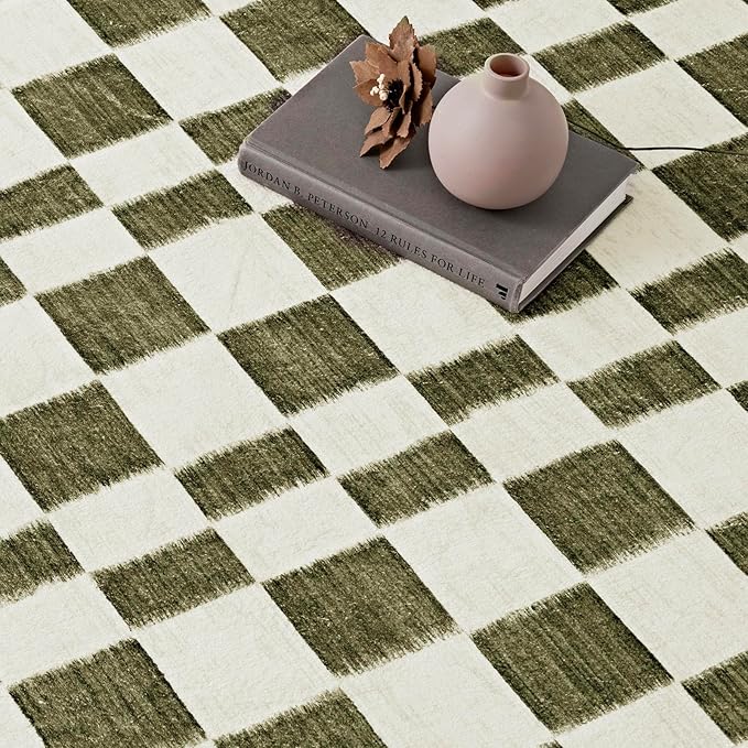 EVERGRACE Checkered Plaid Area Rug 2x8, Soft Fuzzy Faux Wool Rugs Washable Anti Slip Long Runner Rug Carpet for Entryway Bedroom Living Room Hallway Kitchen Dining Room and Laundry, Olive Green