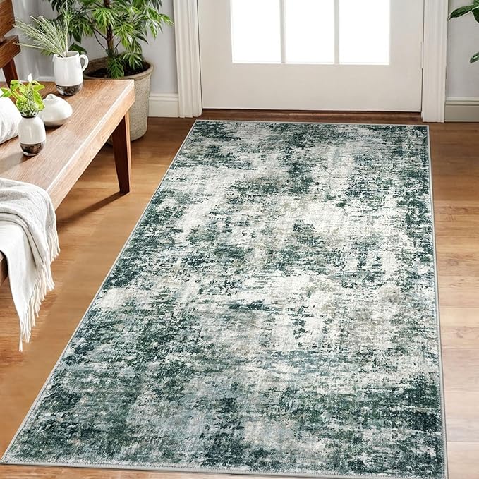 Modern Abstract Small Area Rug Indoor, Grey Green 3x5 Washable Rug Non-Slip Soft Entryway Rug Kitchen Mats Thin Print Faux Wool Floor Carpet Colorful Throw Rugs for Entrance Bedroom