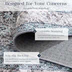 Phantoscope Washable Area Rug 5'x7' Non-Slip, Vintage Neutral Rugs for Living Room, Bedroom, Dining Room, Distressed Boho Floral Medallion Pattern, Low-Pile Foldable Floor Carpet, Blue/Grey