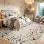 Wonnitar Washable 4x6 Rug for Bedroom, Floral Print Area Rug for Living Room, Non-Slip Entryway Throw Mat, Low Pile Botanical Area Rug Floor Carpet for Bedside (Beige,4'x6')