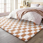 Ophanie Checkered Beige & White Rug for Living Room Bedroom, Fluffy Soft Cute Fuzzy Area Rugs, Shag Plush Shaggy Bedside Floor 6x9 Furry Carpet for Kids Baby Teen Dorm Nursery Home Decor Aesthetic