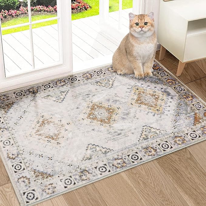 COMSLE Area Rug 2x3 Faux Wool Throw Rug for Entryway, Boho Washable Small Rugs Non-Slip Distressed Carpet Soft Accent Floor Rug for Indoor Entrance, Bedroom, Living Room, Kitchen (Khaki)