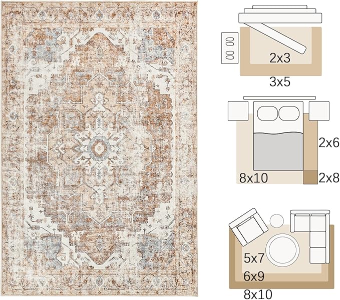 jinchan Area Rug 5x7 Washable Bedroom Rug Vintage Indoor Floor Cover Distressed Lightweight Non-Slip Low Pile Thin Mat Stain Resistant Carpet for Living Room Dining Room Kitchen Office Brick Red