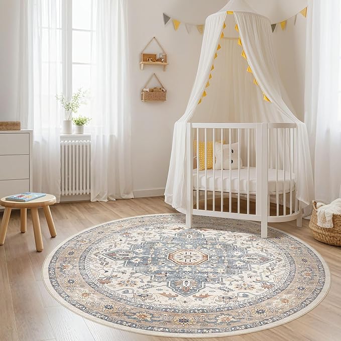 Round Rug Living Room Rugs: 6Ft Washable Boho Neutral Large Circle Soft Indoor Distressed Stain Resistant Floor Farmhouse Carpet for Bedroom Nursery Kids Playroom Office Dining Room Dorm- Beige Blue