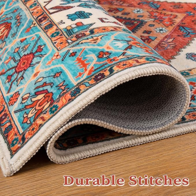 SERISSA 4x6 Boho Bedroom Rug, Washable Non Slip Vintage Orange Area Rugs, Ultra Soft Print Distressed Tribal Entry Rug Low-Pile Throw Carpet for Nursery Dorm Kitchen Living Room Decor